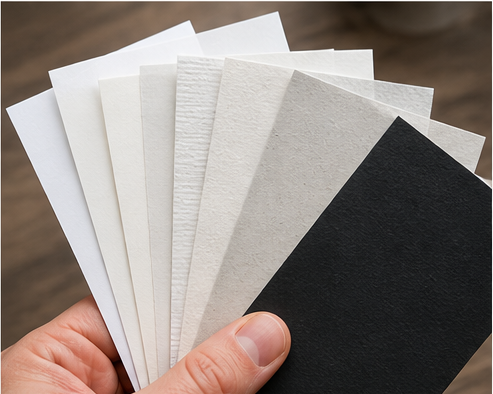 Papiermuster in der Hand verschiedene papierarten für flyer und broschüren vergleichen